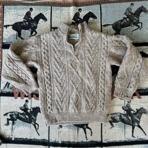 Aran Crafts Irish wool quarter zip cable knit sweater tan small
